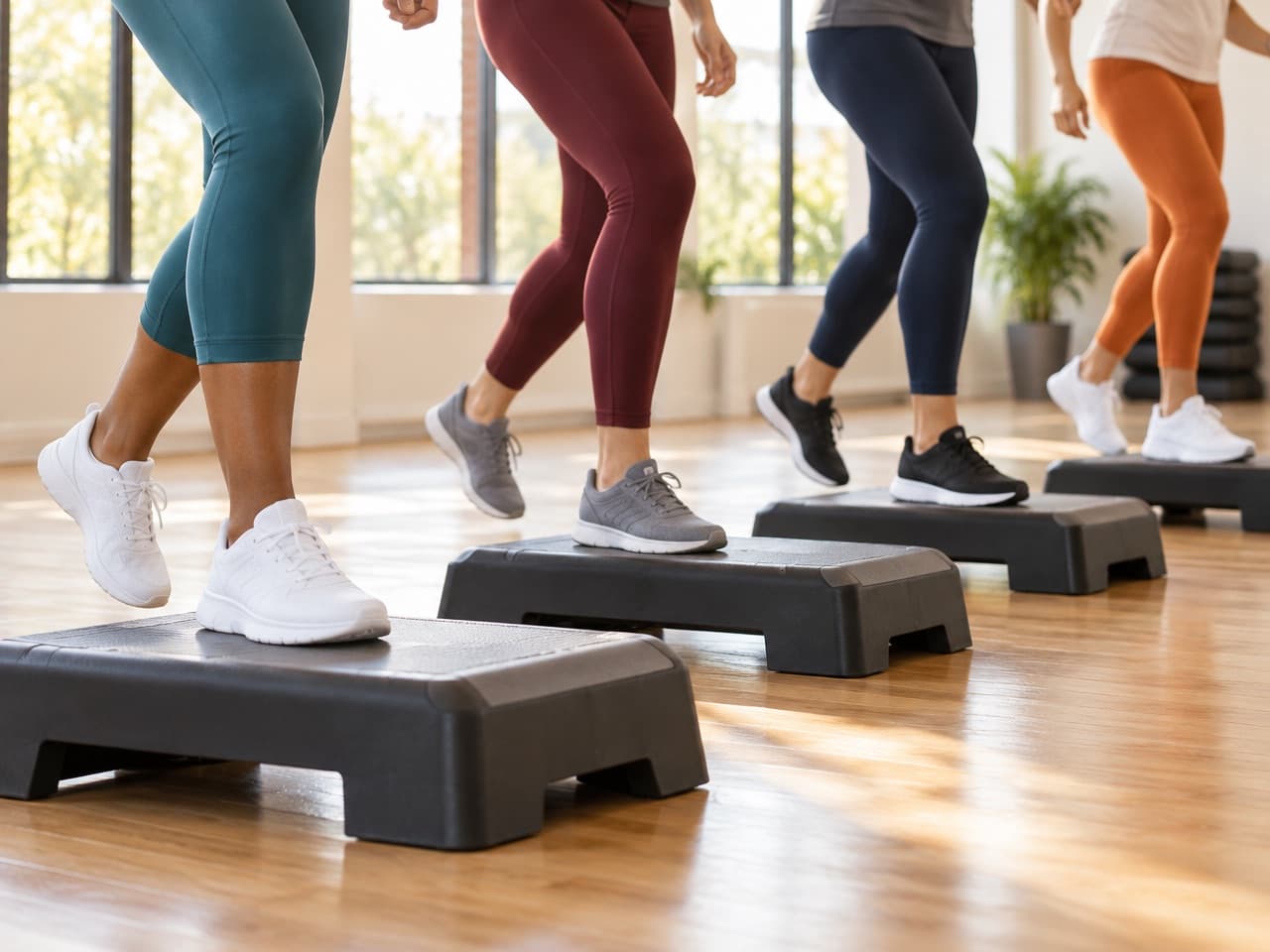 Des steps alignés dans le studio, prêts pour un cours